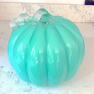 Fall Holloween Decor Artisian Made Glass Pumpkin Applied Crystal Stem Large 9” H